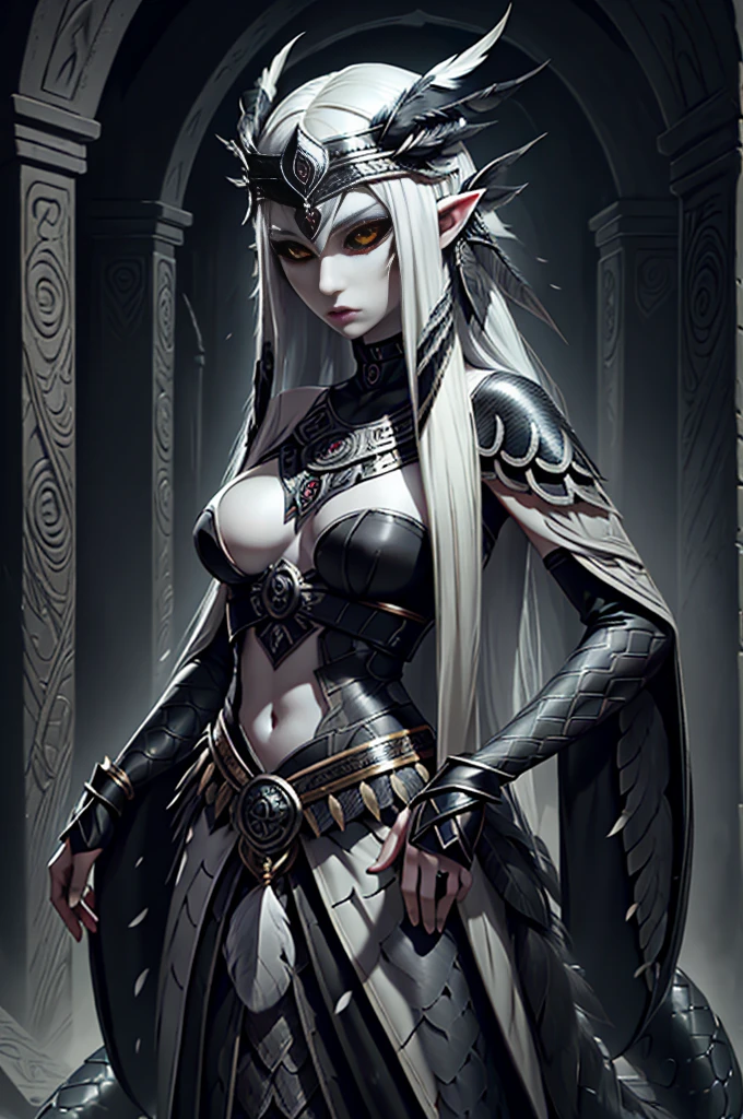 medieval fantasy, female (lamia), (black iris), (grey pulil), black snake tail, (long white hairs), ((very pale skin)), ((black feather headdress)), aztec, azt3ch