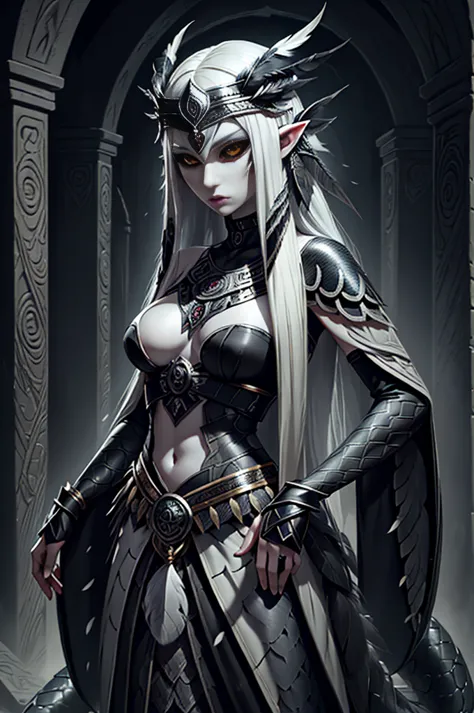 medieval fantasy, female (lamia), (black iris), (grey pulil), black snake tail, (long white hairs), ((very pale skin)), ((black ...