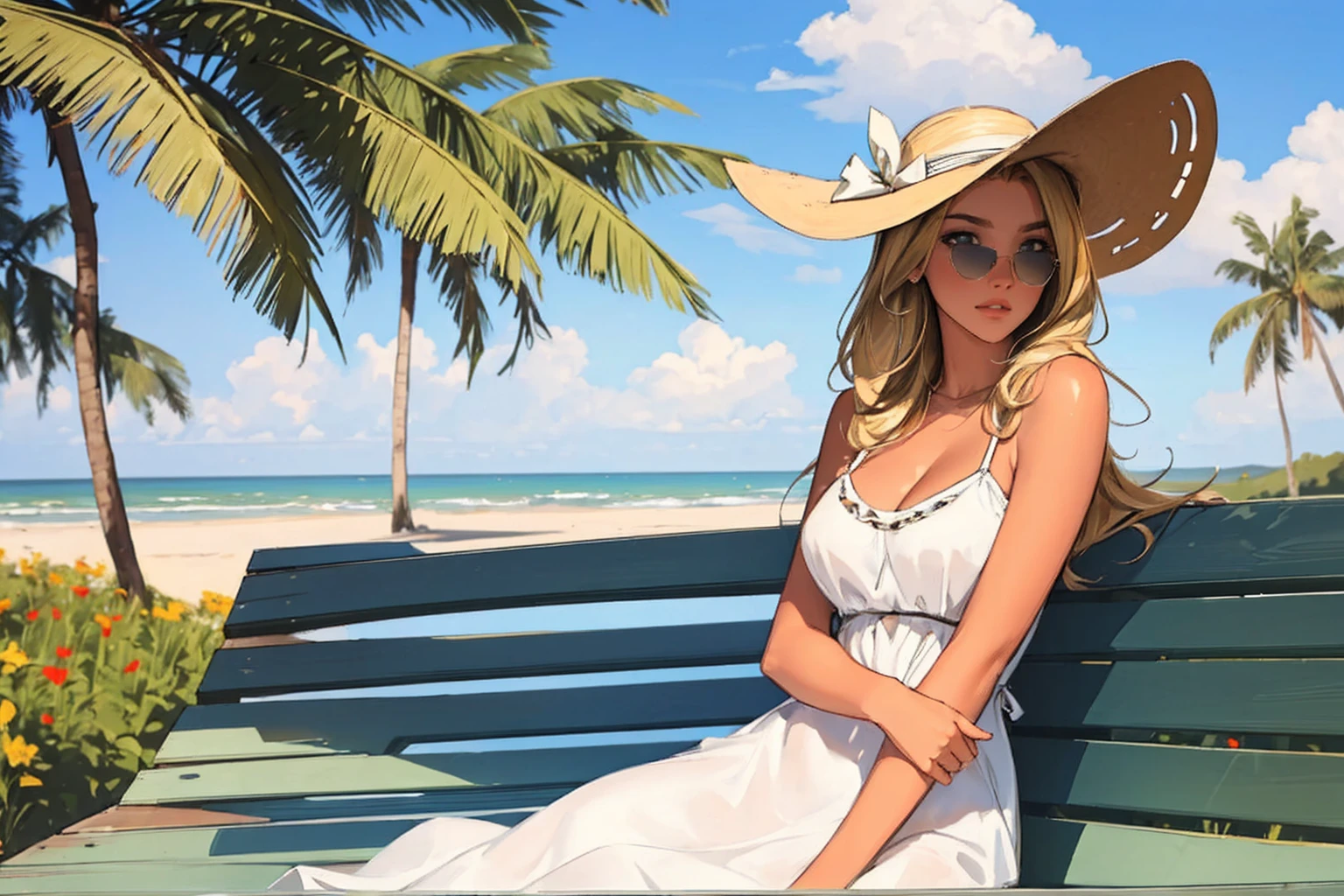 (best quality: 1.2), clean face, (masterpiece: 1.2, 8k) perfect anatomy, 1girl,a beautiful fashion model ,(masterpiece, official art, best quality  shiny hair, blonde hair with streaks in hair, full lips,  big breasts, slutty outfit, cleavage, shiny skin, looking at viewer, (sun dress, sun hat, sun glasses), long abdomen, horizontal, lounging