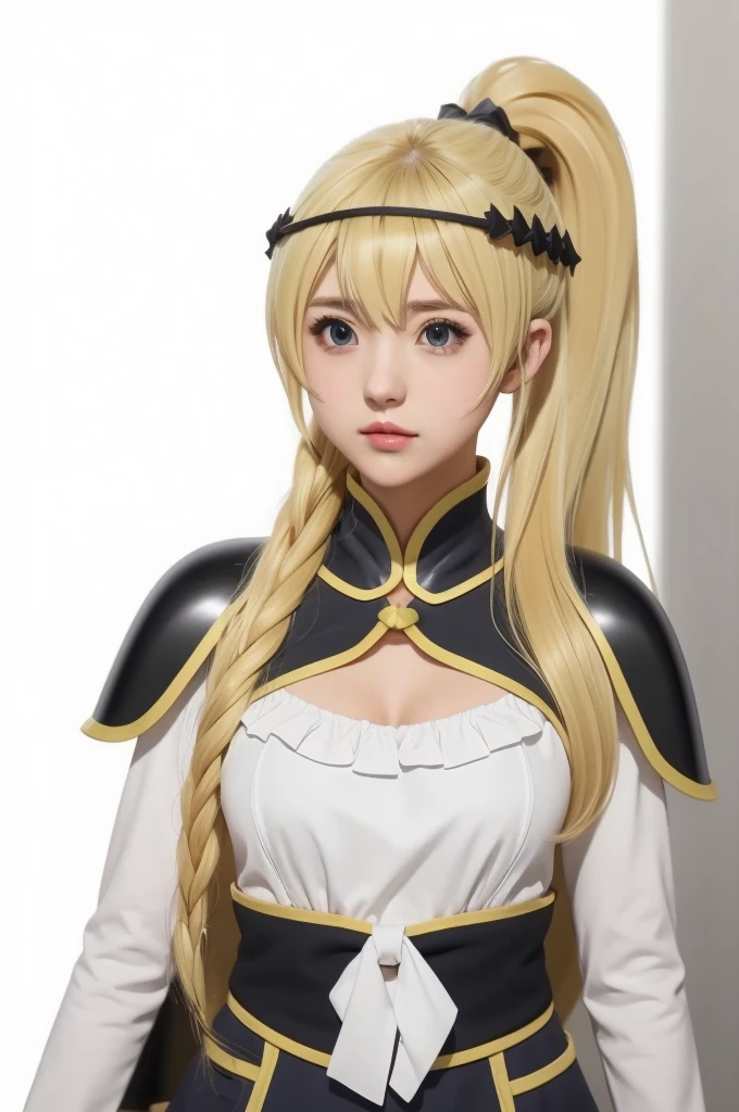 darkness (Konosuba),Best quality,masterpiece,upper body,
1 girl,One,long hair,breast,I look at the viewer,blonde hair,hair ornament,gloves,tape,Ponytail,black gloves,armor,x hair ornament,shoulder armor,shoulder pads,I look at the viewer,White background