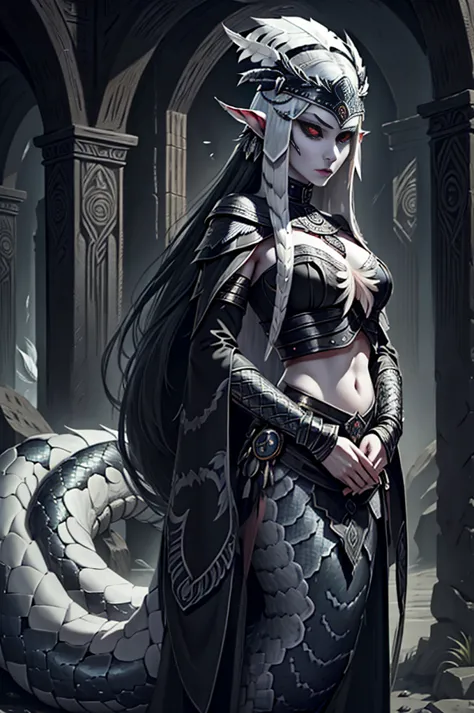 medieval fantasy, female ((lamia)), (black iris), (grey pulil), black snake tail, (long white hairs), ((very pale skin)), ((blac...