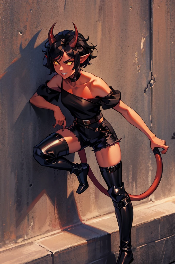 1 girl, tiflin, Redskin, yellow eyes, black sclera, pointy ears, red horns, short shoulder length wavy black hair, Sharp teeth, black sleeveless shirt, black shorts, black off shoulder sleeves, dishonest clothing, demon tail, black boots, dagger in hand, leaning on a wall, looks 25 years old