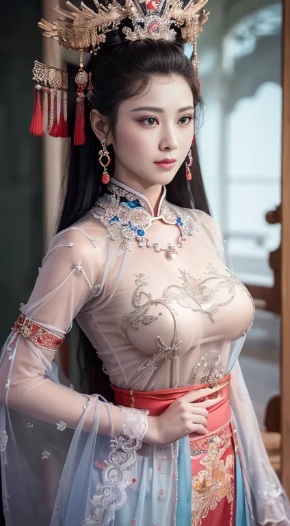 masterpiece, best quality, 1 girl, ((Large Breasts)， Long hair，(Transparent black silk)，(Breast position，With Chinese armor，With...