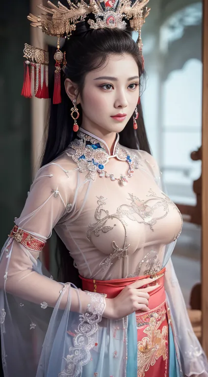 masterpiece, best quality, 1 girl, ((large breasts)， long hair，(transparent black silk)，(breast position，with chinese armor，with...