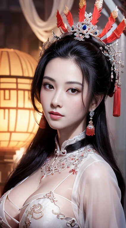 masterpiece, best quality, 1 girl, ((Large Breasts)， Long hair，(Transparent black silk)，(Breast position，With Chinese armor，With breast protection )，Looking at the audience, (precise、Perfect face shape:1.3)，（Beautiful fingers），(Crotch front display)，Ultra HD，Ray Tracing,，reflected light， Correct structure，The award-winning，High Detail，Reduce shadow contrast，Facial lighting ，Cinema Lighting，masterpiece，Super Detail，high quality，High Detail， best quality，16K，High contrast，Close-up of woman, A young woman plays, Chinese Empress, yun ling, song nan li, , gujian,  zhao yun, Chinese Princess