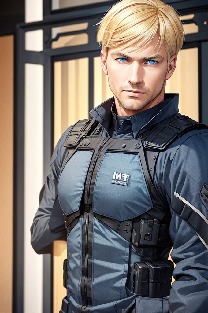 An adult man with blond hair and blue eyes wearing a black SWAT suit