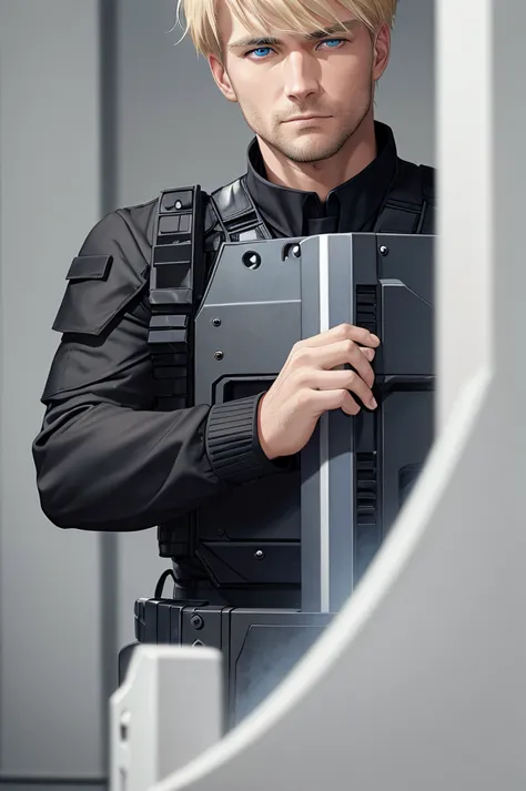 An adult man with blond hair and blue eyes wearing a black SWAT suit