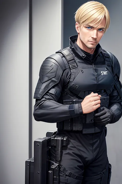 an adult man with blond hair and blue eyes wearing a black swat suit