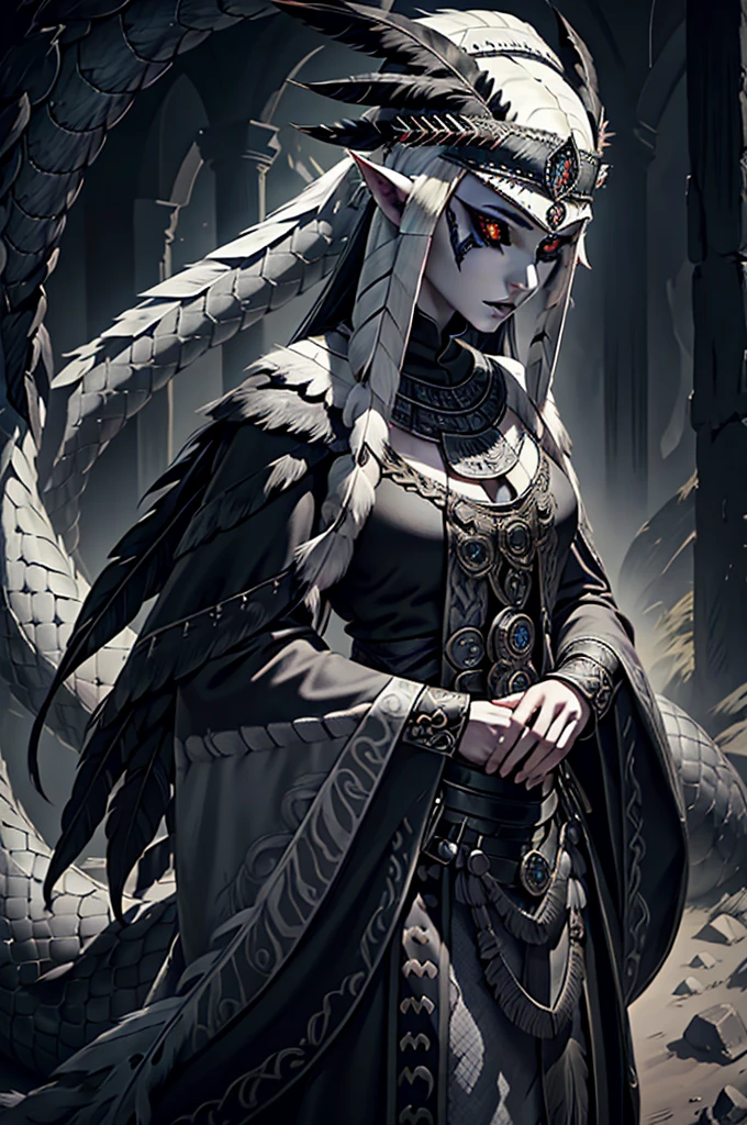 medieval fantasy, female ((lamia)), (black iris), (grey pulil), black snake tail, (long white hairs), ((very pale skin)), ((black (feather headdress))), aztec, azt3ch, black scales