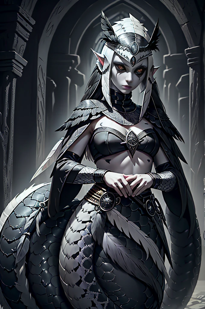 medieval fantasy, female ((lamia)), (black iris), (grey pulil), black snake tail, (long white hairs), ((very pale skin)), ((black (feather headdress))), aztec, azt3ch, black scales