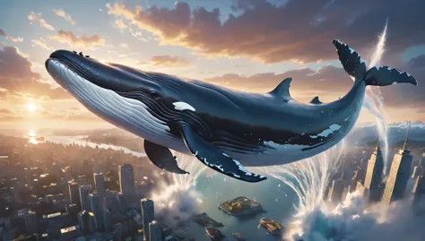 a large whale flying gracefully through the sky、cinematic and dramatic lighting、exquisitely drawn features、complex feathery, win...