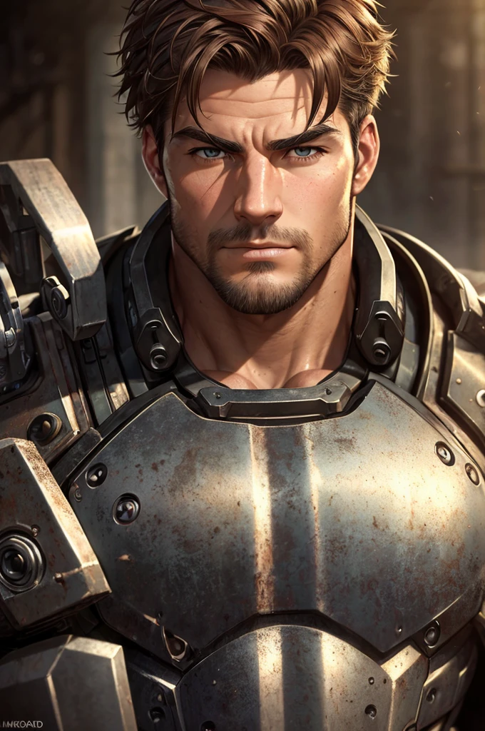 Realistic, masutepiece, Best Quality, Cinematic, Dynamic lighting, soft shadow, Highest detail, Professional Photography, Detailed background, depth of fields, Insane details, Convoluted, Aesthetic, Detailed face, Subsurface scattering, Realistic hair, Realistic eyes, 1boy, muscular, manly, (large pectoral muscles:1), pectoral muscles, Abs, Portrait photo of handsome man in a worn mech suit, Rusted metal, Sharp Focus, Photo by Mark Henderson, Soft lighting, Vibrant colors, Looking at Viewer, Robotic eyes,