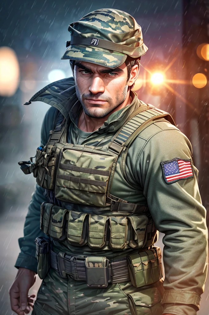 o ator Henry Cavill, fighting on the war front, rainy day in a multicam military uniform, wearing a Plate Carrier ForHonor American flag vest, with a military knife. (best quality, 4K, Cao Cao, master part:1.2), ultra detali, (Realistic, photorrealistic, photo-realistic:1.37), HDR, uhd, studio lighting, extreme detail description, proffesional, vivid colors, bokeh, portraite.