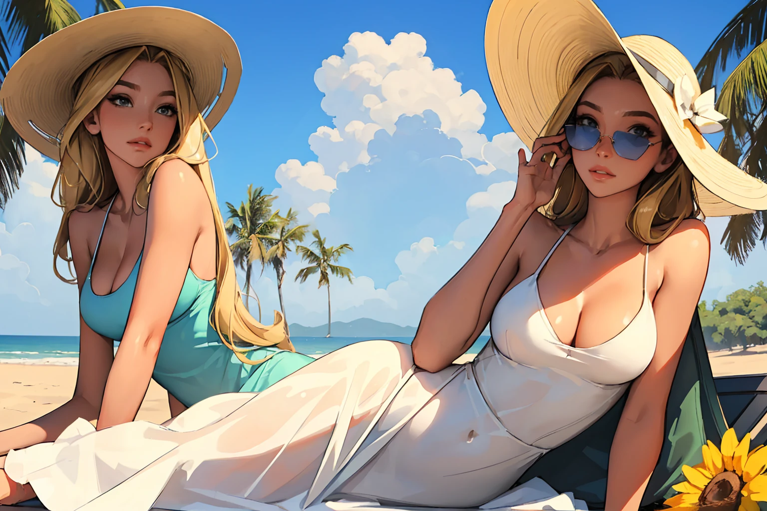 (best quality: 1.2), clean face, (masterpiece: 1.2, 8k) perfect anatomy, (1 girl,) a beautiful fashion model ,(masterpiece, official art, best quality  shiny hair, blonde hair with streaks in hair, full lips,  big breasts, slutty outfit, cleavage, shiny breasts,shiny skin, looking at viewer, (sun dress, sun hat, sun glasses), long abdomen, horizontal, lounging