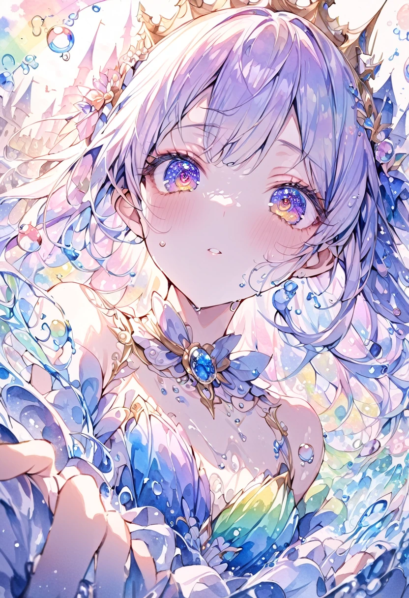 masterpiece, Highest quality, 8k resolution, Sharp focus, Intricate details, beautiful girl, Sparkling eyes, Golden ratio face, Otherworldly liquid, watercolor, ((pastel colour)), Bright colors, Whimsical, colorful, Sharp focus, High resolution, The finer details, Princess Fantasy Ball Gown, ((Round eyes)), Rainbow bubbles, Castle landscape in the background