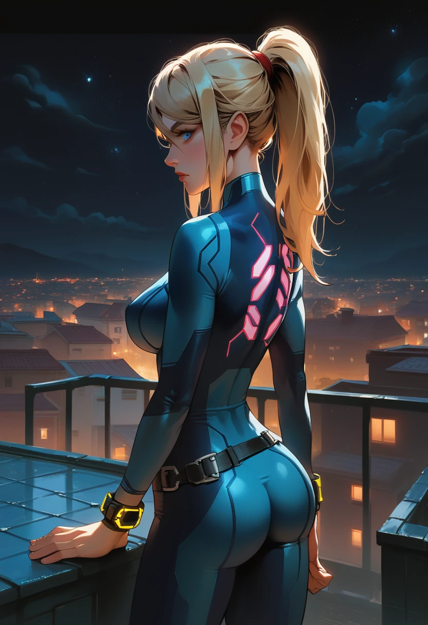 ((masterpiece)), sharp focus, samus aran, blondie hair, ponytail, large ass, large breasts, blue eyes, detailing eyes, perfect face, perfect anatomy, beautiful eyes, grau bodysuit, standing on the roof, roof, at night, night, bracelet on her left hand, athletic body, belt, hip belt, back view