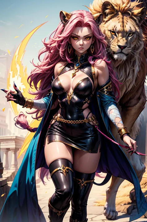 there is lost coliseum there in battle stance stand female lioness , she have ebony colour skin beautiful yellow eyes dark gold ...