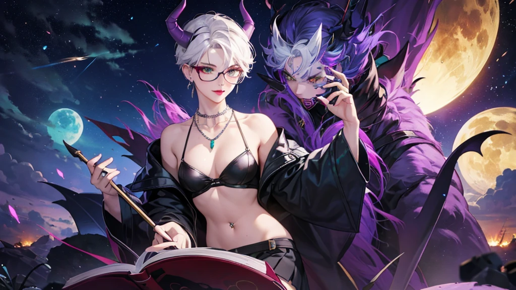 8k, masterpiece, best quality, highly detailed, 1 girl, tiefling, warlock, multicolored hair, very short straight hair green highlight hair on white hair, strippled hair, wearing glasses, round glasses, earrings, navel piercing, miniskirt, red eyeshadow, long eyelashes, blushed cheek, red lips, necklace, rings, collarbone, mole, glamorous, teal clothing, purple clothes, smirk, close up view, rings, looking at viewer, demon horns, solo, nightmarish landscape, blue pale moon, sitting, cosmic horror, decaying, holding books