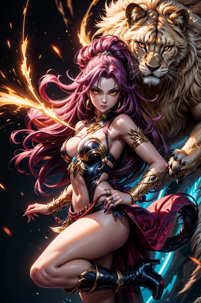 There is lost coliseum there in battle stance stand female lioness , she have ebony colour skin beautiful yellow eyes dark gold eyeshadows make up, ring style earrings, her hair is purple with pink highlights . she dressed in white neather topic with golden parts on countures also short and white leather straps on her legs instead of boots, her hands have hude ruby claws on her fingers, (ultra high quality fantasy art, dark fantasy style, masterpiece, ultra high quality character design, 8k quality anime art, realistic anime art, top quality wallpaper illustration, detailed ultra high quality accurate face, high quality design and accurate physic)