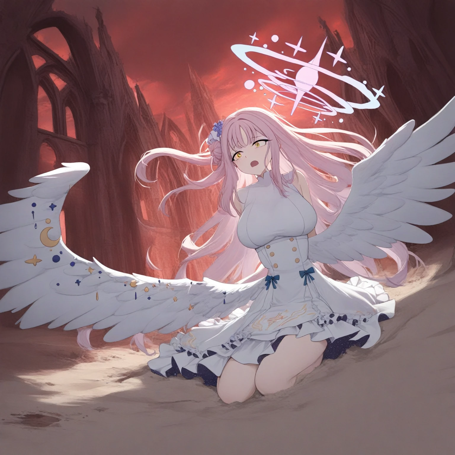 (1girl:1.8), solo, full body,highres,mika_\(blue_archive\),white_wings,feathered_wings,hair_flower,large_breasts,angel_wings,white_dress,low_wings, glaring eyes, open_mouth, emerged, red aura, menacing, mysterious, abandoned, historic, collapsed_cathedral, deserted, sands, dripping_blood, red sky