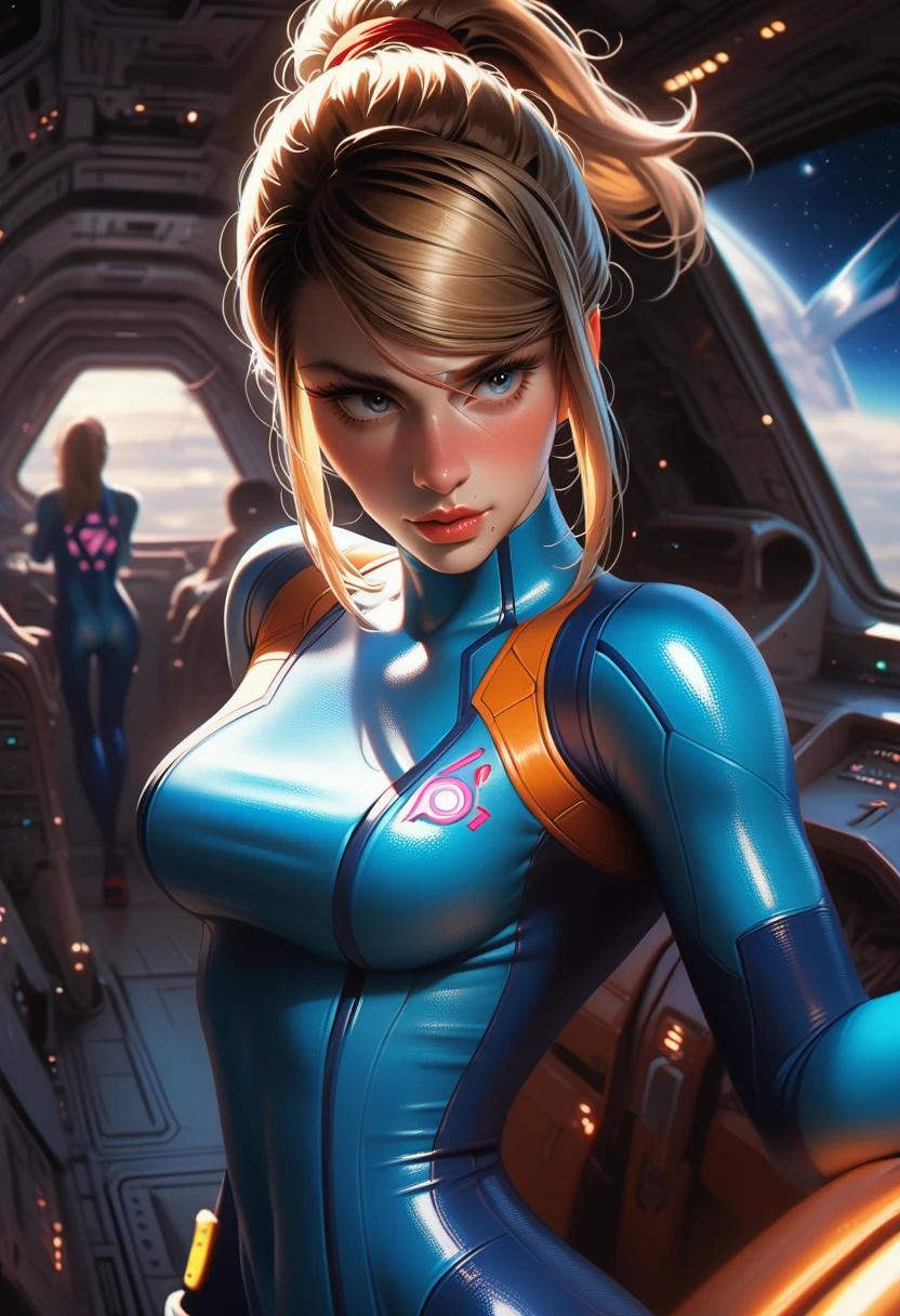 1girl, Samus Aran, large breasts, eyes blue (detailed:1.8), intense pleasure, realistic,curly hair, blondie, source_anime, ponytail, cute, zero suit, large breasts, space ship, dramatic lighting, pretty girl, detailing face, detailing eyes, solo,