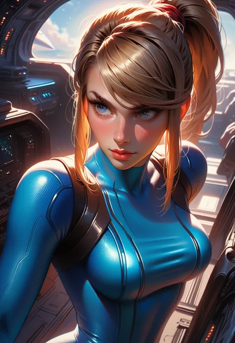 1girl, samus aran, large breasts, eyes blue (detailed:1.8), intense pleasure, realistic,curly hair, blondie, source_anime, ponyt...