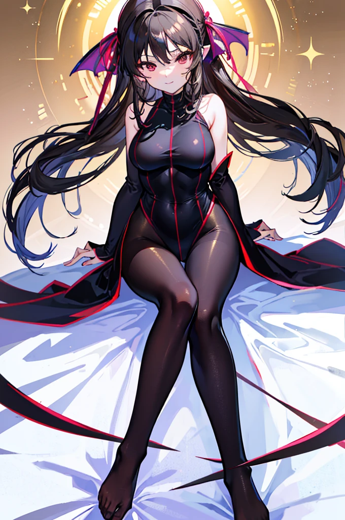 Highest quality　Highest quality　Draw a face carefully　High-definition anime-style face　Super Glowing Skin　Long black hair　Brown leotard　Golden pantyhose　Succubus　lure　smile　sit　Show the soles of your feet　Close up of the soles of the feet