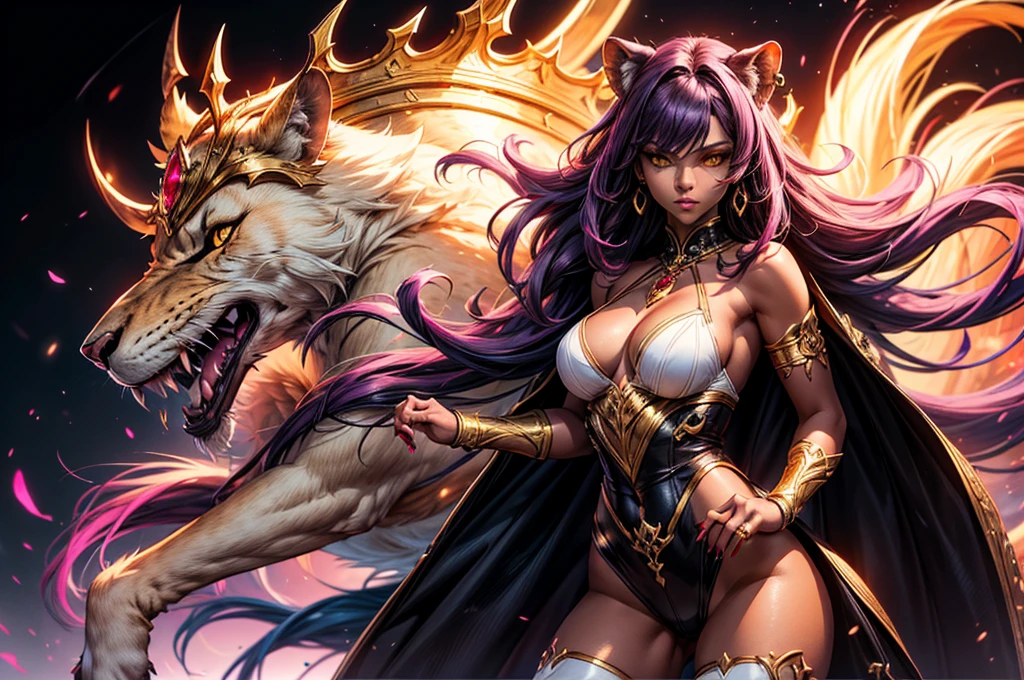 There is lost coliseum there in battle stance stand female lioness , she have ebony colour skin beautiful yellow eyes dark gold eyeshadows make up, ring style earrings, her hair is purple with pink highlights . she dressed in white neather topic with golden parts on countures also short and white leather straps on her legs instead of boots, her hands have hude ruby claws on her fingers, (ultra high quality fantasy art, dark fantasy style, masterpiece, ultra high quality character design, 8k quality anime art, realistic anime art, top quality wallpaper illustration, detailed ultra high quality accurate face, high quality design and accurate physic)