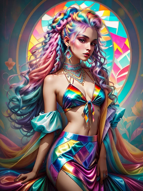 A mesmerizing and vibrant photograph of a bohemian fashionista with iridescent rainbow-colored hair. She is adorned in a captivating outfit, featuring a tie-dye top and a colorful skirt with pigtails. The woman gracefully leans against a window, surrounded by soft, ethereal rainbows that fill the scene. The atmosphere of the image is enchanting and otherworldly, with a strong focus on bold, colorful, and pastel hues. The photograph evokes the essence of a magical fairy-like creature, reminiscent of Kerli Koiv's ethereal style.