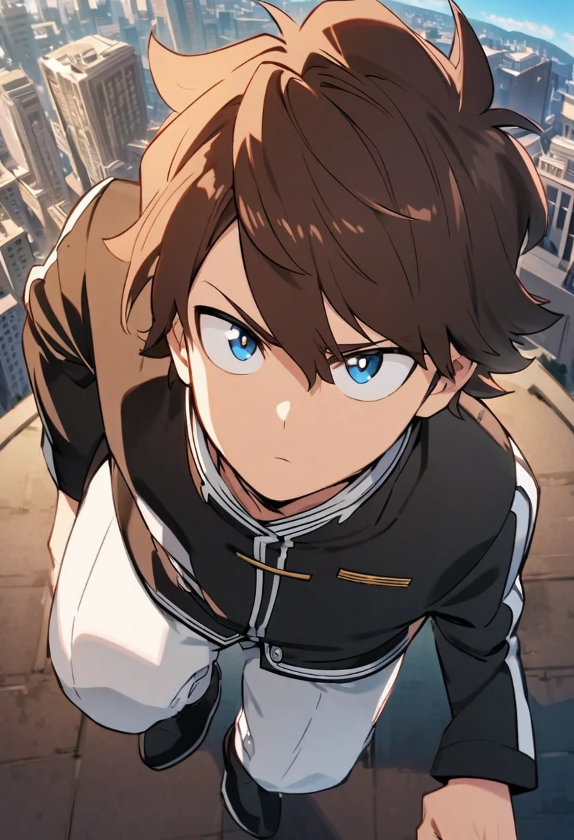 A serious brown-haired, Wavy shoulder-length blue-eyed 17 years old boy, With a black jacket with white details and white pants, in a pose from above with a city background, Boku no hero academy style