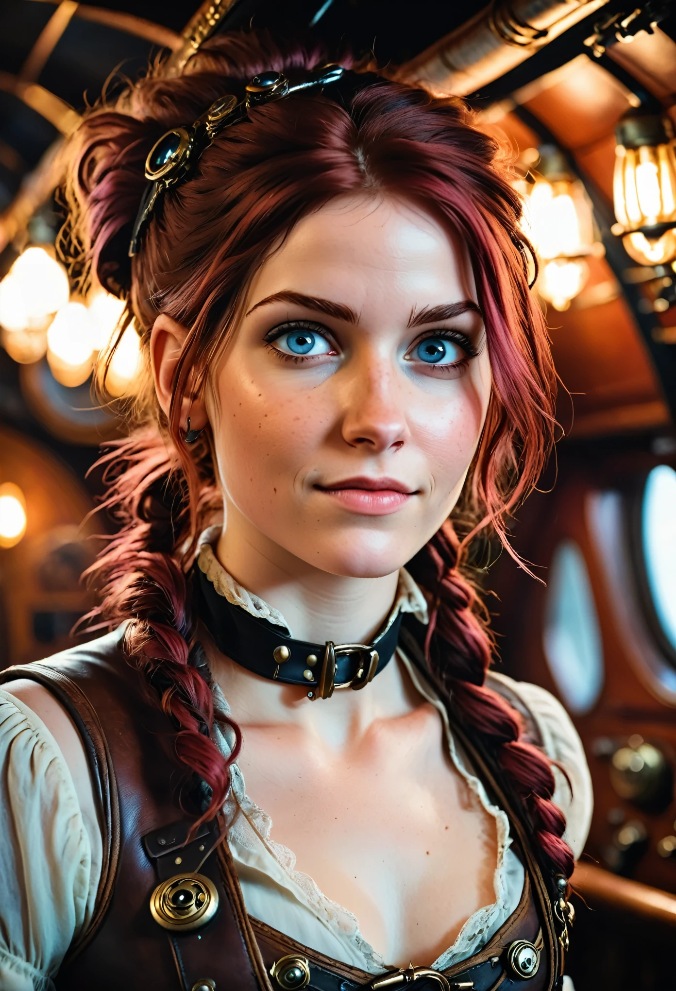 (editorial photography of Tifa Lockhart), (highly detailed face:1.4), no close-up, (smile:0.4), (background inside dark, moody, private:1.3), steampunk pirate's airship, nikon d850, stock photography, kodak portra 400 film ,camera f1.6 lens, bokeh, analog style, rich colors, hyper realistic, lifelike texture, dramatic lighting, cinestill 800, messy hair, serious, (freckles:0.4), pale skin, cute sexy