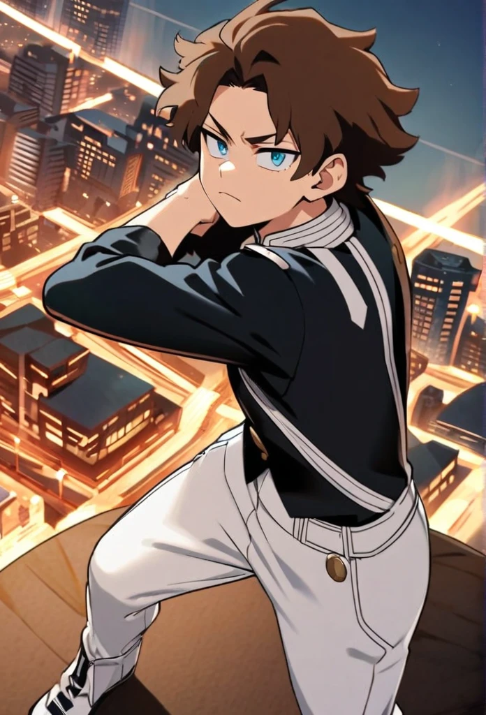 A serious brown-haired, Wavy shoulder-length blue-eyed 17 years old boy, With a black jacket with white details and white pants, in a pose from above with a city background, Boku no hero academy style