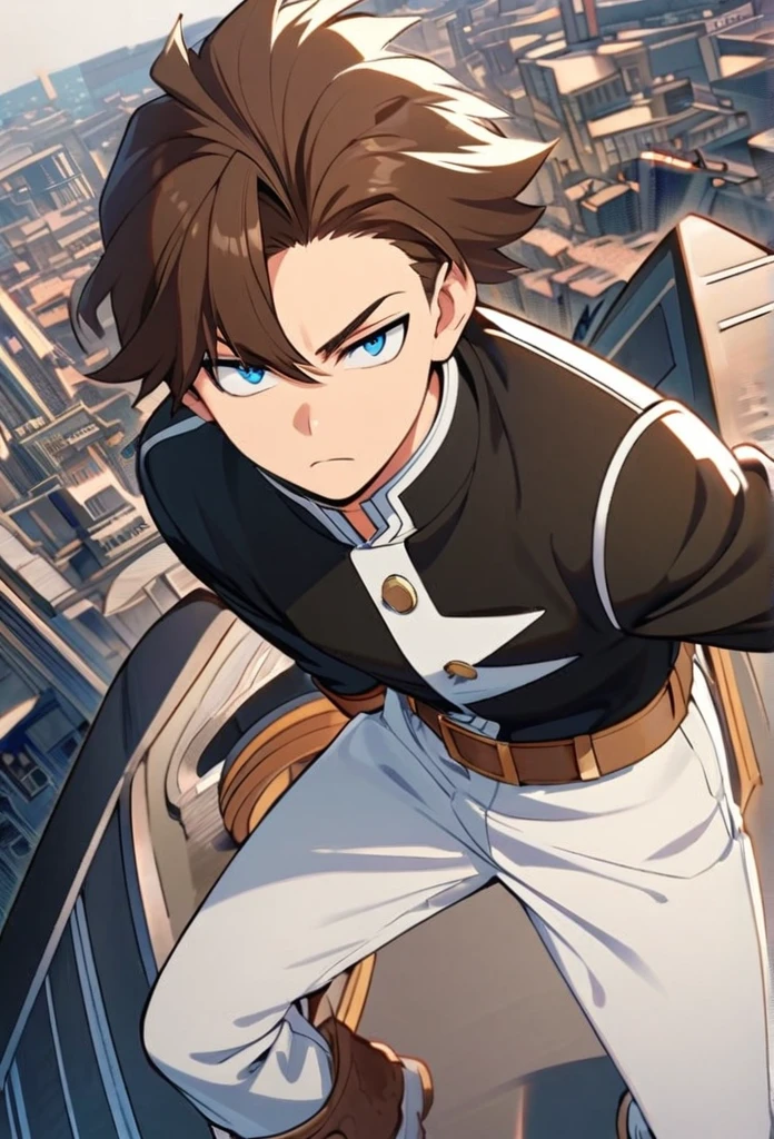 A serious brown-haired, Wavy shoulder-length blue-eyed 17 years old boy, With a black jacket with white details and white pants, in a pose from above with a city background, Boku no hero academy style