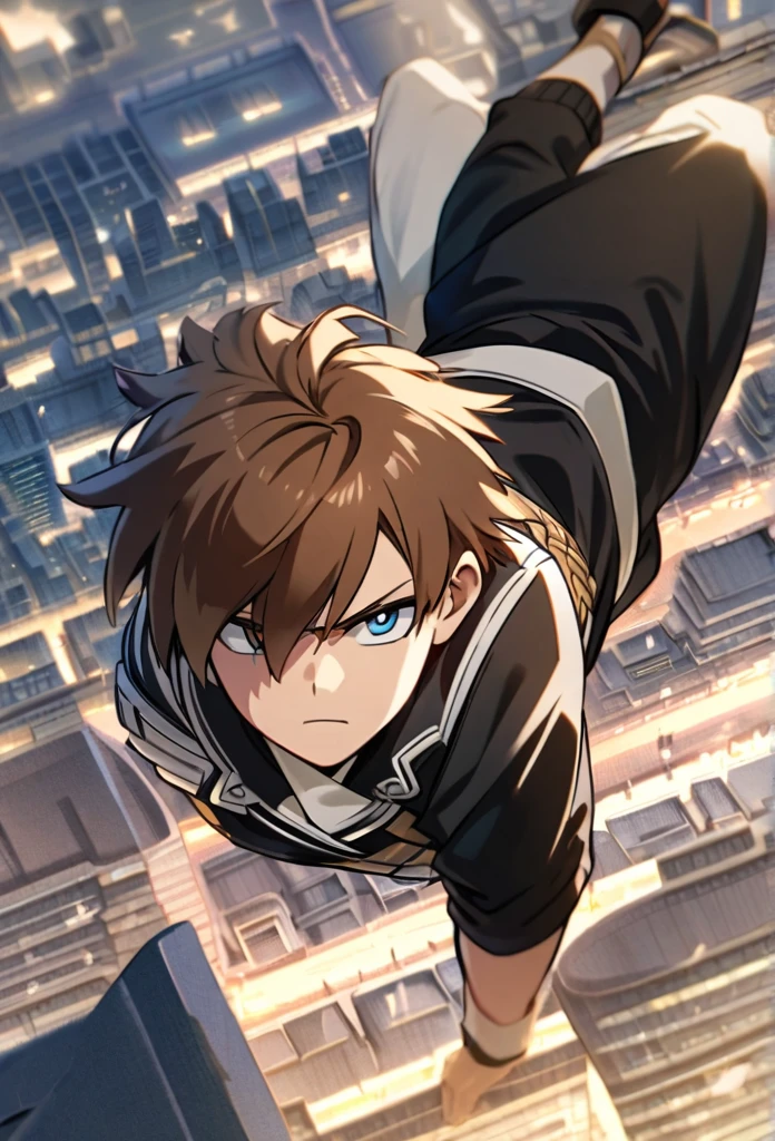 A serious brown-haired, Wavy shoulder-length blue-eyed 17 years old boy, With a black jacket with white details and white pants, in a pose from above with a city background, Boku no hero academy style