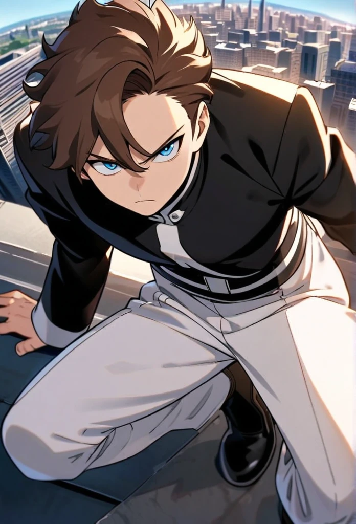 A serious brown-haired, Wavy shoulder-length blue-eyed 17 years old boy, With a black jacket with white details and white pants, in a pose from above with a city background, Boku no hero academy style