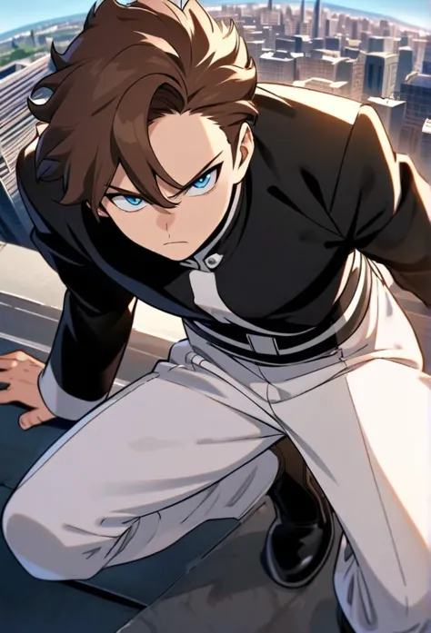 a serious brown-haired, wavy shoulder-length blue-eyed 17 years old boy, with a black jacket with white details and white pants,...