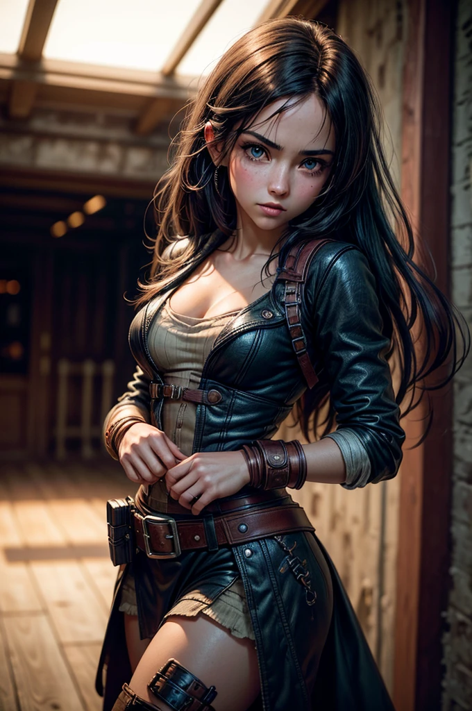 (redaktionelle Fotografie von Tifa Lockhart), (sehr detailliertes Gesicht:1.4), keine Nahaufnahme, (lächeln:0.4), (hintergrund innen dunkel, Launisch, Privat:1.3), Steampunk-Piratenluftschiff, nikon d850, Stockfotografie, kodak portra 400 film ,Kamera f1.6 lens, bokeh, analoger Stil, Satte Farben, Hyperrealistisch, lebensechte Textur, dramatische Beleuchtung, Cinestill 800, Zerzaustes Haar, ernst, (Sommersprossen:0.4), blasse Haut, Süß sexy