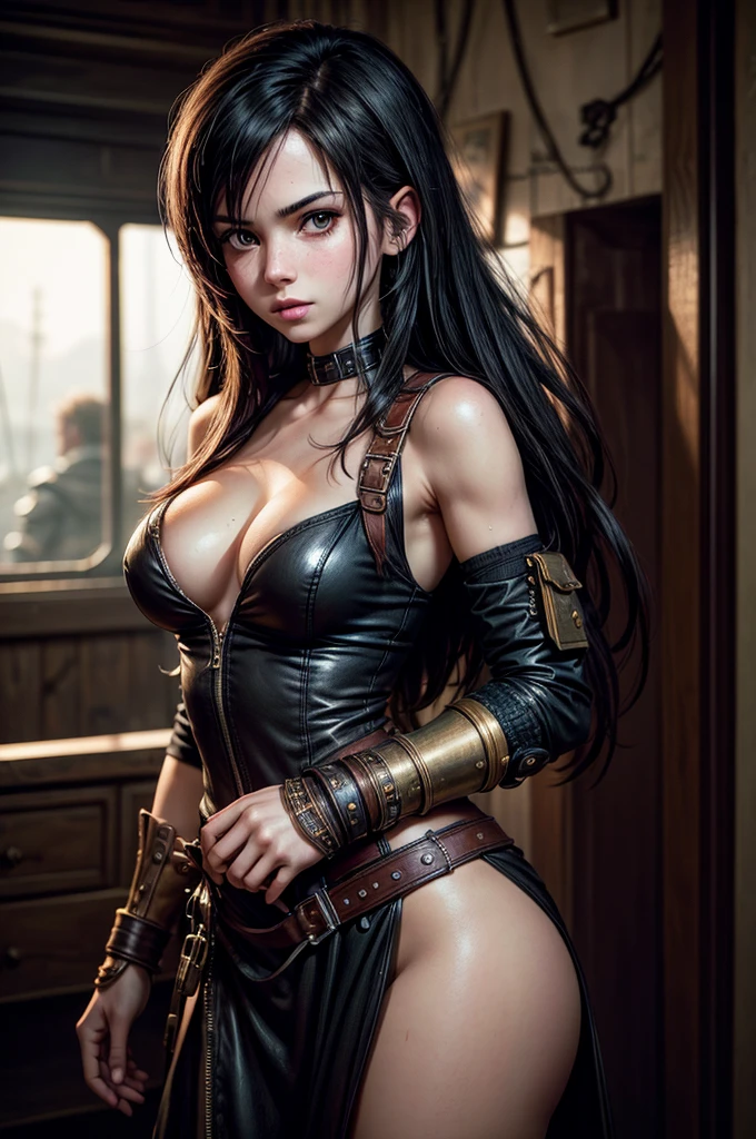 (ภาพบรรณาธิการของ Tifa Lockhart), (ใบหน้าที่มีรายละเอียดสูง:1.4), ไม่มีการใกล้ชิด, (รอยยิ้ม:0.4), (พื้นหลังภายในความมืด, อารมณ์ไม่ดี, ส่วนตัว:1.3), เรือเหาะของโจรสลัด Steampunk, นิคอน D850, การถ่ายภาพสต็อก, ฟิล์มโกดัก พอร์ทร่า 400 ,กล้อง f1.6 เลนส์, โบเก้, สไตล์อนาล็อก, สีสันที่หลากหลาย, สมจริงเกินจริง, เนื้อสัมผัสเหมือนจริง, แสงที่น่าทึ่ง, ซิเนสทิล 800, ผมยุ่ง, จริงจัง, (กระ:0.4), ผิวสีซีด, น่ารักเซ็กซี่