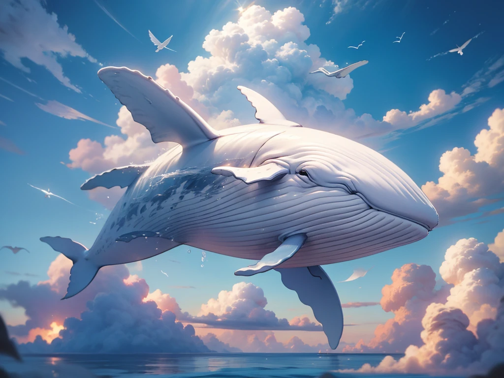 A winged white humpback whale swimming above the clouds, and a cute  clinging to its back, ☆彡