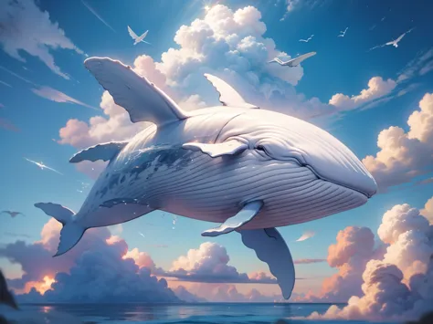 a winged white humpback whale swimming above the clouds, and a cute  clinging to its back, ☆彡