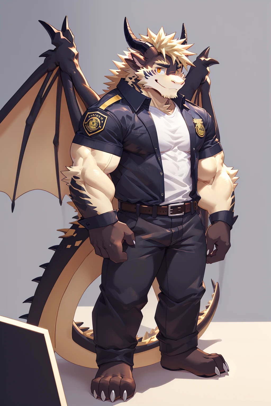 (sfw:1.5), male focus, security guard, Handsome 1boy, solitary，protrait photo, single, (White nails, White Paws:1.4), (Light blond hair:1.5), (Black and gold dragon wings, Huge black and gold dragon wings:1.3), Black and gold skin, (Black horn, Black curved corners:1.4), (Black body:1.3), (Pale blond chin, Pale golden neck:1.4), Pale golden chest, Light blond chest hair, (perfect golden eyes:1.4), (Black scales:1.3), (Black Hands, Black Hands臂, Black Hands指, Black head:1.4), 
Western Dragon, dragon, dragon boy, dragon body, feet, (big eyes, large eyes:1.4), (Chubby face, The body is huge, Larger face:1.3), 
(Black short sleeve, White short-sleeved shirt, Black pants, Black leather belt:1.4), 
(Mature men:1.4), (Strong body, muscle,Strong male:1.3), (Thick arms:1.3), (cute:1.2), (Looking at the audience, Focus, Eyes gaze:1.2), (Smile:1.4), 
full background, Simple background, Pure white background, (Q version avatar:1.4),
, Mysterious and romantic atmosphere, Caustic lines(refraction, polarization)Perfect anatomical structure, absurd, Detailed background, (Delicate eyes:1.3),Printing style。((artist:Takemoto Arashi))