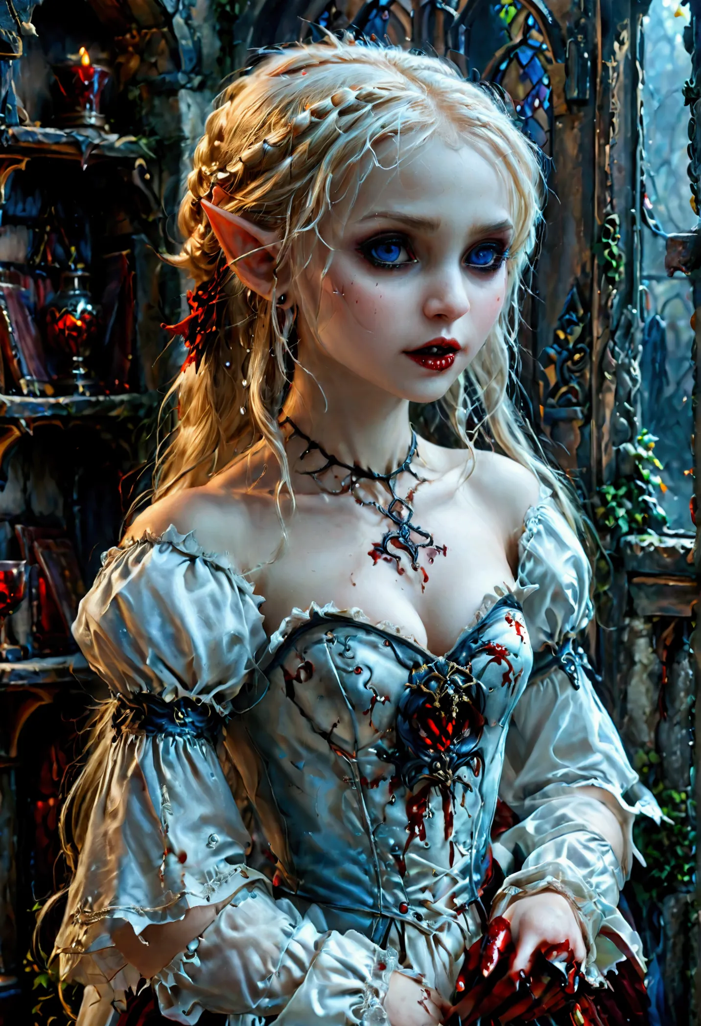 arafed a picture of elf vampire in her castle. an exquisite beautiful female elf vampire (ultra details, masterpiece, best quali...