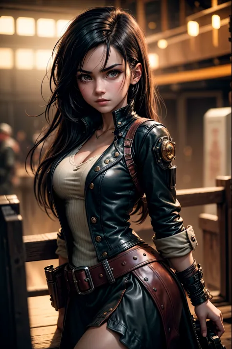 (Professional photography of Tifa Lockhart), (highly detailed face:1.4), no close-up, (smile:0.4), (background inside dark, mood...