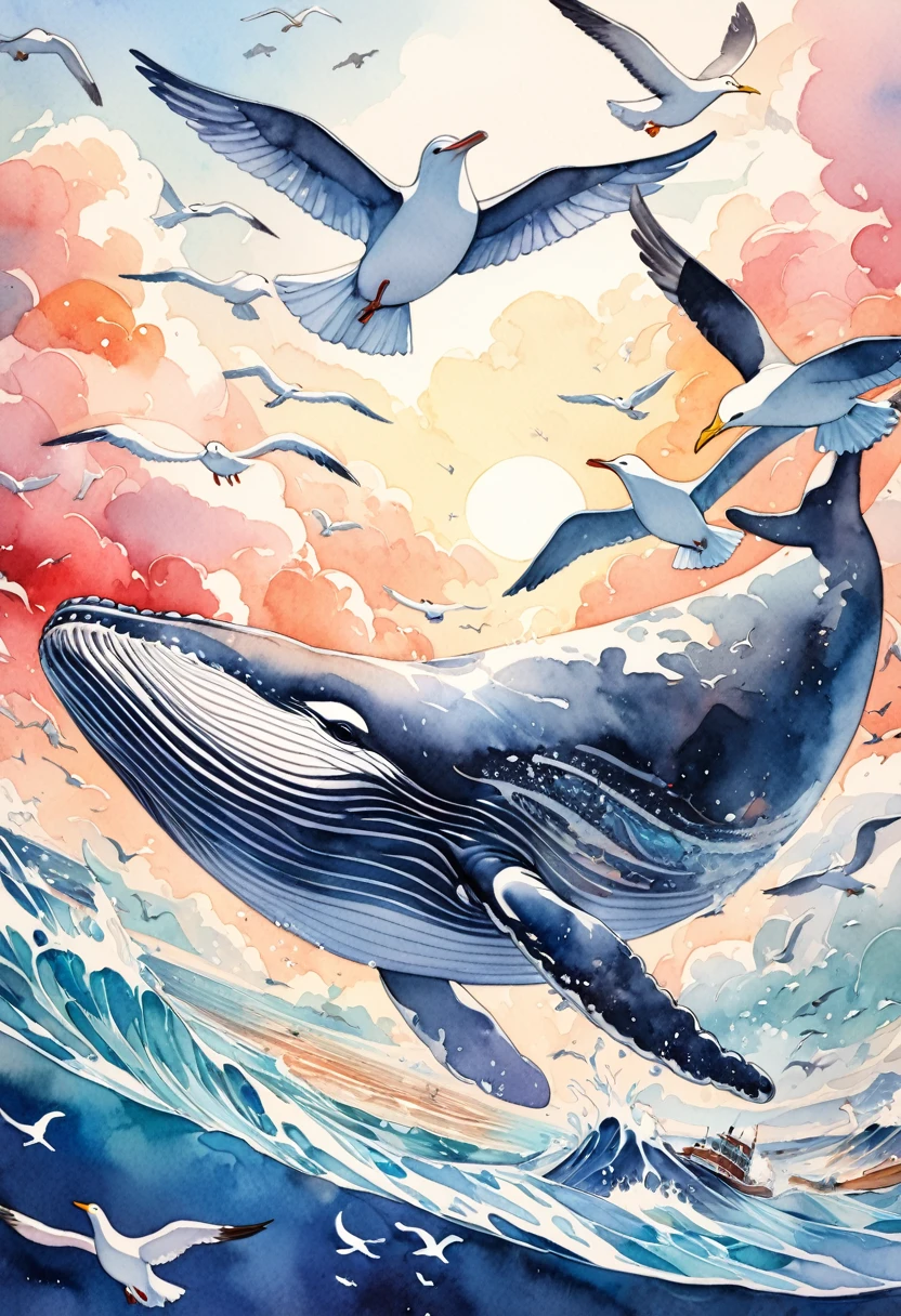 humpback whale flying gracefully in the sky with seagulls,  whale enjoying a friendly flying in the sky, beautiful intricate marine art illustration, vibrant colors, 16k, watercolor, masterpiece