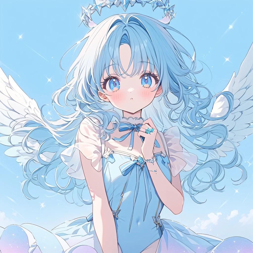 sky blue Angel, sky blue ribbon, pastel sky blue angel ring, sky blue one-piece,sky blue and angel wings, cute pastel sky blue background ,sky blue long Curl hair,glitter sky blue eyes