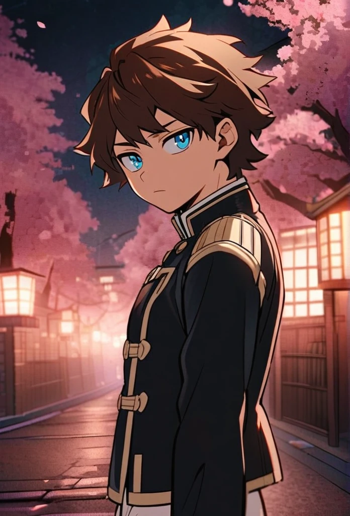 A serious brown-haired, Wavy shoulder-length blue-eyed 17 years old boy, With a black jacket with white details and white pants, In a calm pose, on a street in the middle of the night with cherry blossom trees, Boku no hero academy style