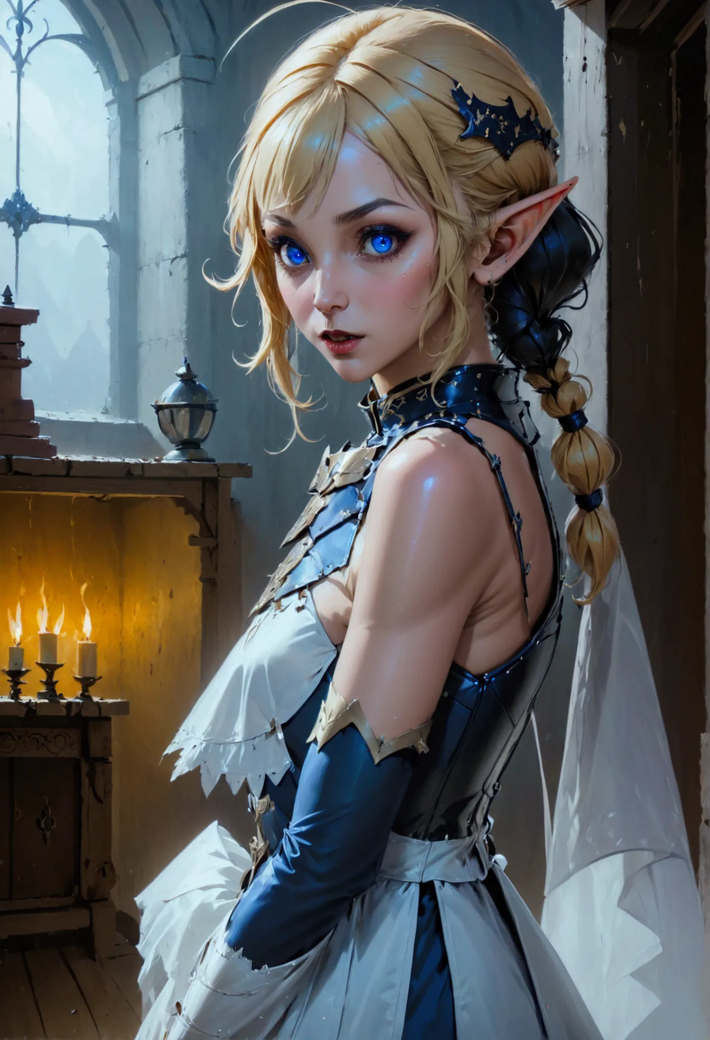 arafed a picture of elf vampire in her castle. an exquisite beautiful female elf vampire (ultra details, masterpiece, best quali...