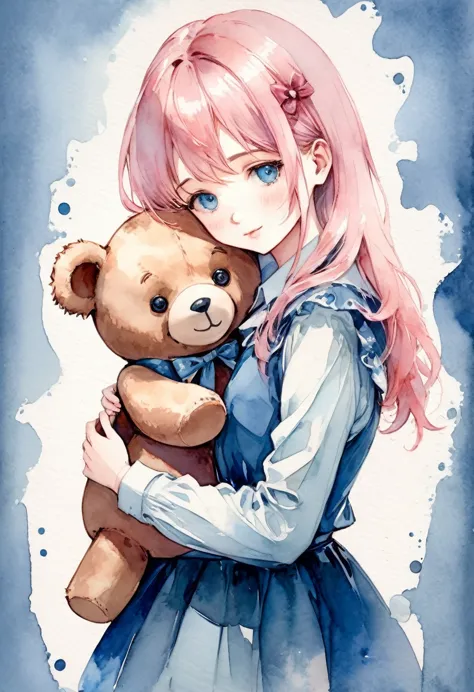 ((antique:1.5)),((hugging a teddy bear:1.5)),Beautiful and cute girl,1 Girl,Solo,Sharp features,Sophisticated,((Watercolor:1.5))...