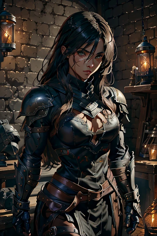 muscular female archer,rogue class character,half human half dragon,full leather armor,detailed face and eyes,beautiful detailed features,intricate leather armor,fantasy character,dynamic pose,atmospheric lighting,cinematic camera angle,dramatic chiaroscuro lighting,rich color palette,highly detailed rendering,cinematic composition,epic fantasy style