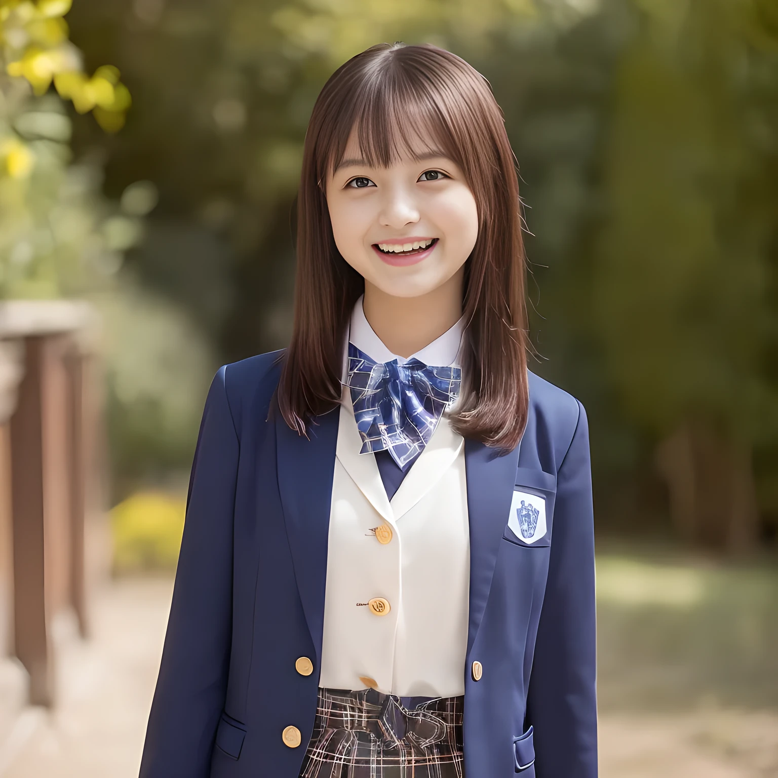 (Highest quality, masterpiece:1.2), Highest quality, High resolution, 1080P, 8k, height: 158cm, ((A noble, graceful and intelligent girl who looks like a best proportion Japanese young lady is turning around and giggling in a strong wind)), ((So sweet, very noble, neat, and pretty Japanese beautiful cute girl)), ((A real, very girly, sweet, cute and noble girl)), ((((A beautiful Japanese cute fashion model)))), ((((Very pure white face and limbs)))), Glossy Lips, (Evenly cut bangs), ((Very beautiful, droopy, cute, pure, noble brown eyes)), ((Super long, black straight hair that reaches the floor)), (Very shiny, glossy Lips), ((Beautiful straight hair like a school promotion model)), Watch at you, ((Incredibly well organized, Rich facial expressions)), ((Plump and beautiful white skin and face)), ((Pure, clear, gentle brown eyes)), ((staring at me)), Glossy Lips, ((noble and elegant)), Very beautiful blue skirt, ((Large upward-curving lips)), White Hand, ((((Navy Japanese school blazer with noble golden emblem)))), ((Navy and sapphire blue Japanese school uniform)), ((Tartan check pattern pleated long skirt)), ((Cobalt blue string chest ribbon)), ((((An ecstatic expression of boundless joy)))), ((plain white background)), ((perfect body)), (((hair beauty magazine for young girls)))